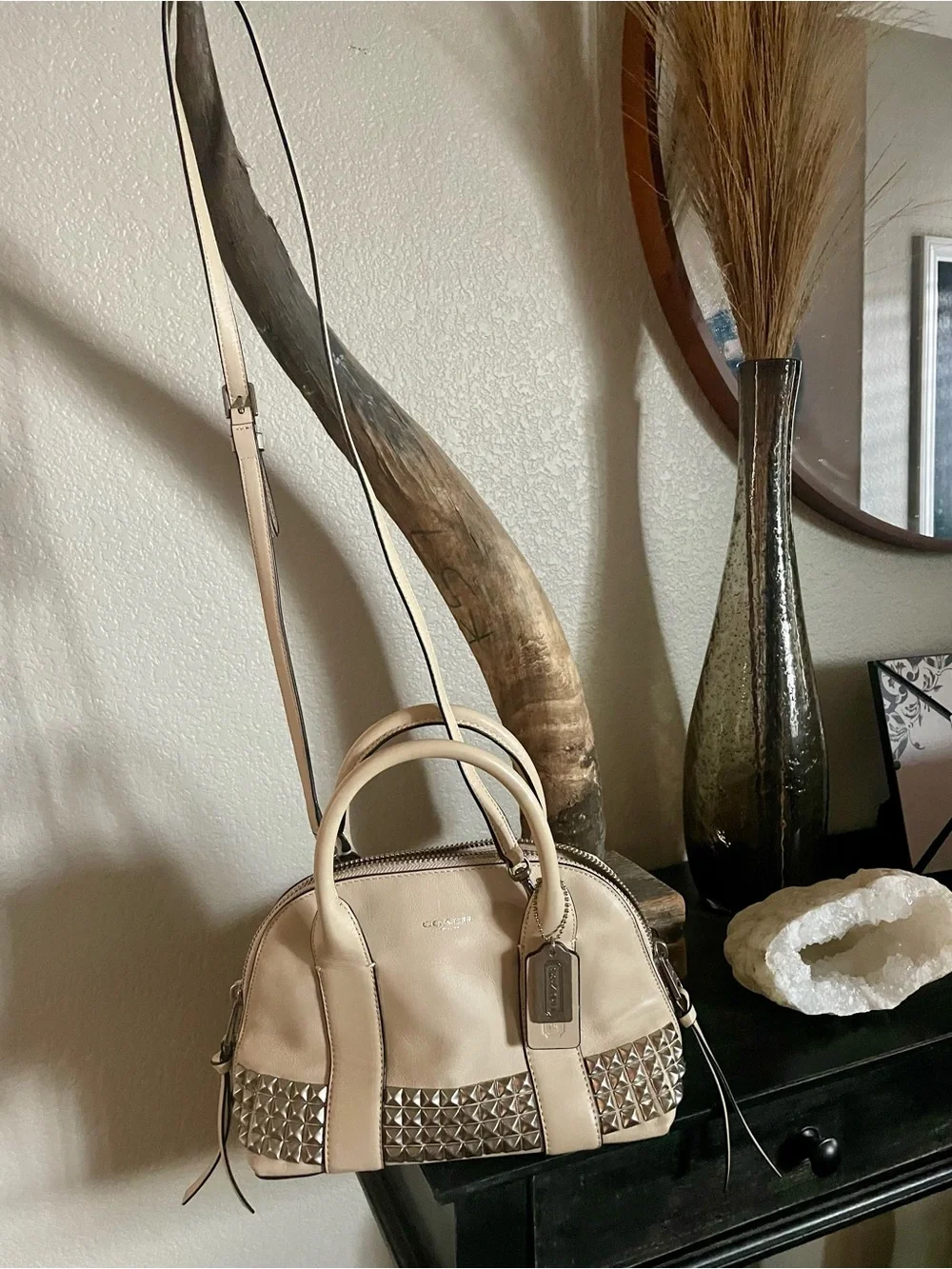 Coach Cream Leather Satchel with Silver Studs